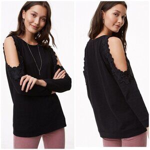 Loft Sz S Black Lace Embroidered Cold Shoulder Light Sweatshirt Top Blouse Women